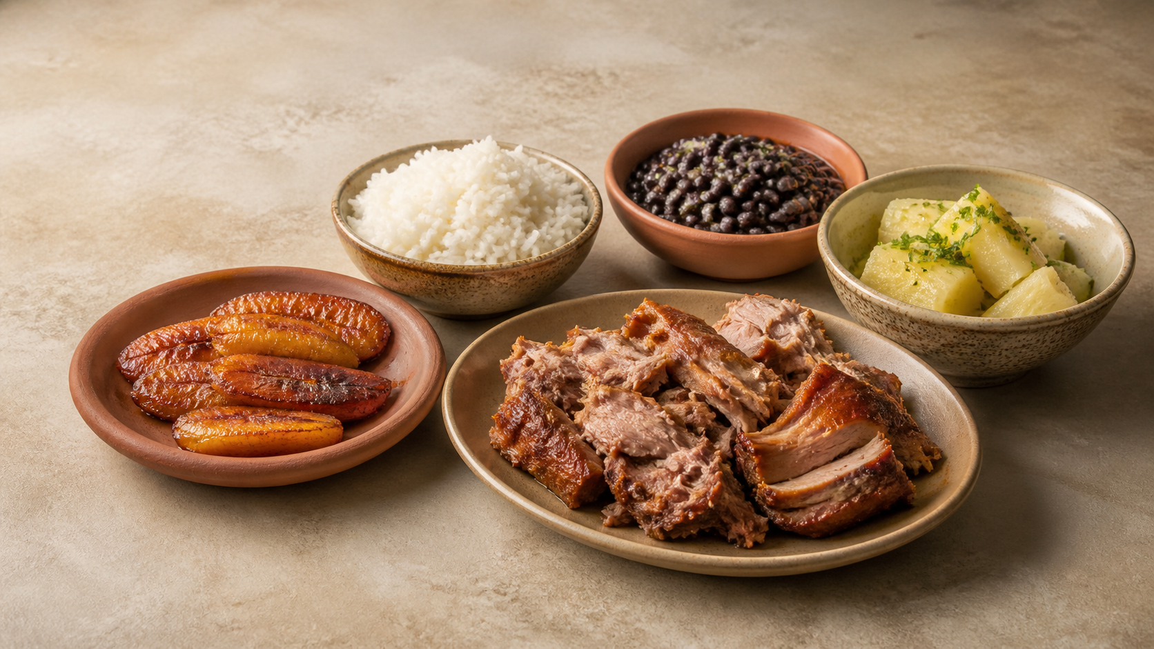 Original editorial still life of roast pork, rice, black beans, yuca and sweet plantains